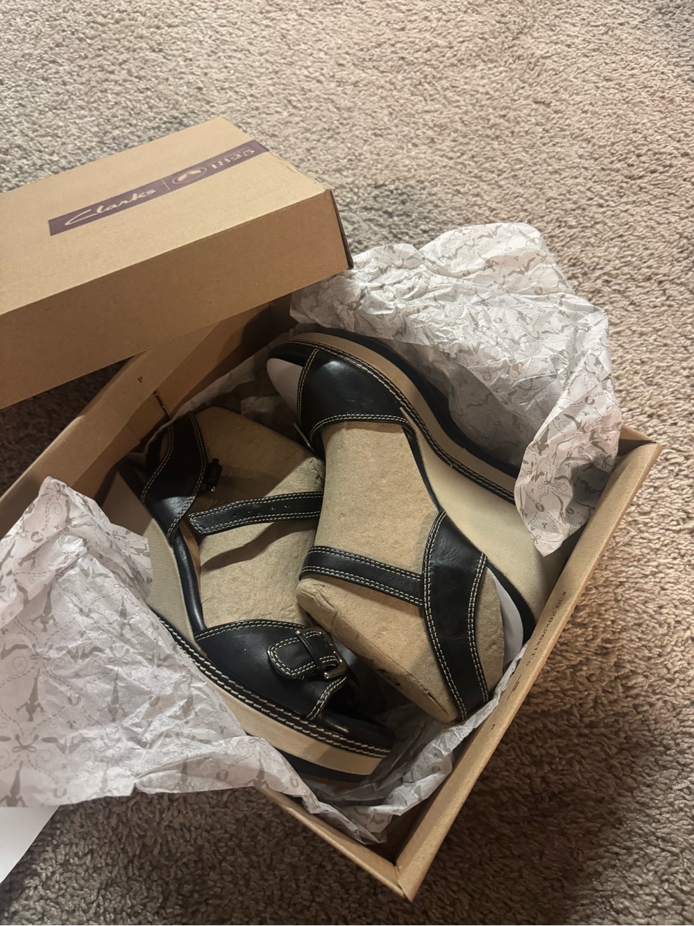 Clarks Two-Tone Tan and Black Wedge Sandals